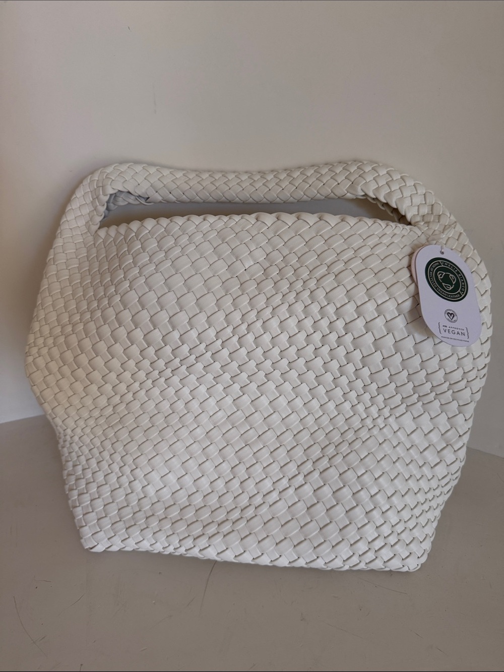 Melie Bianco Vegan Woven Handle Tote Bag in White